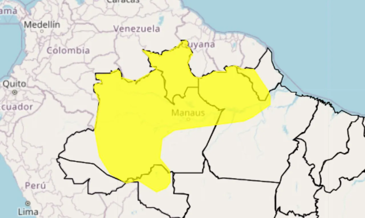 O mapa mostra as áreas em alerta para chuva intensa